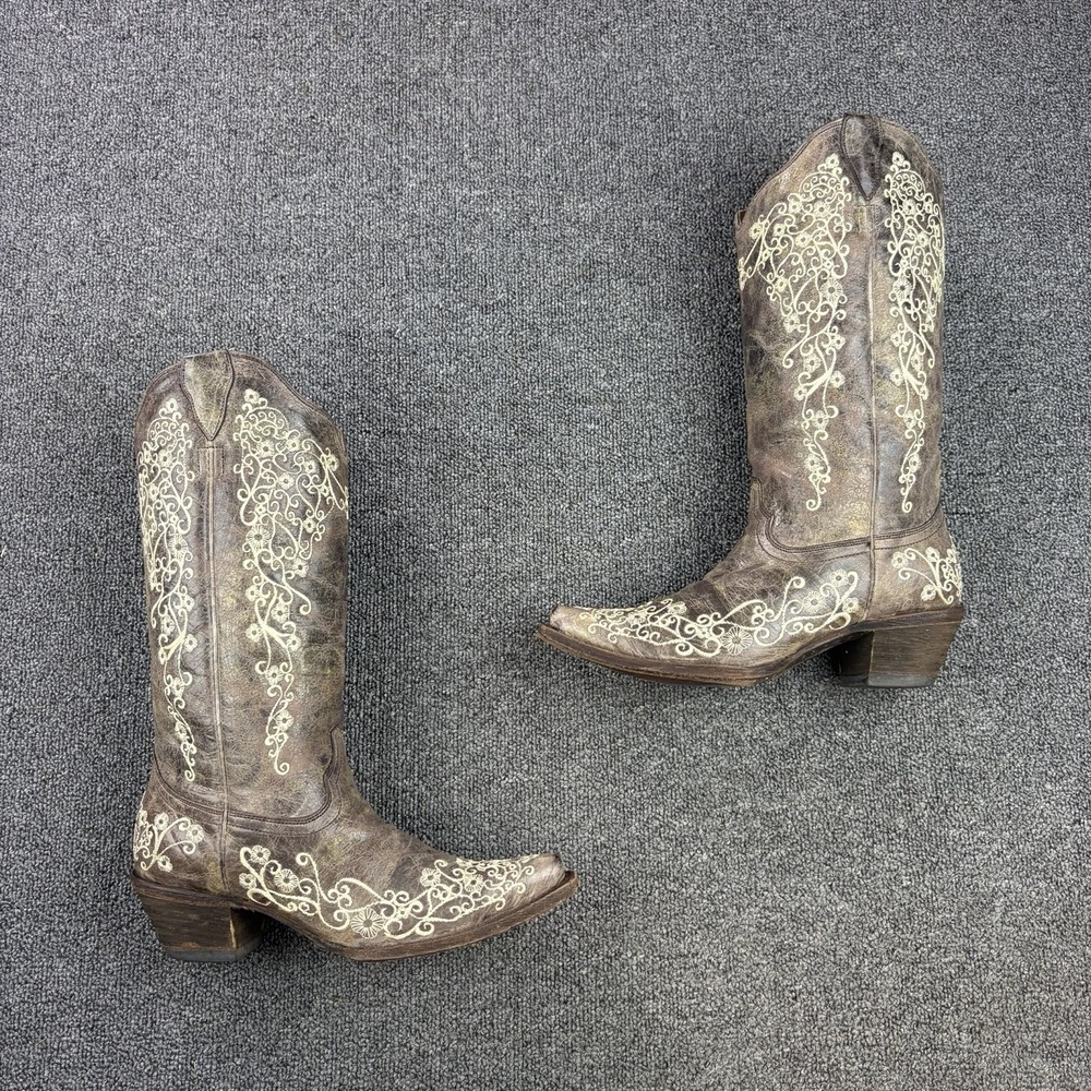Corral A1094 Women's Size 9 M Brown Crater Bone Embroidery Snip Toe Cowboy Boots